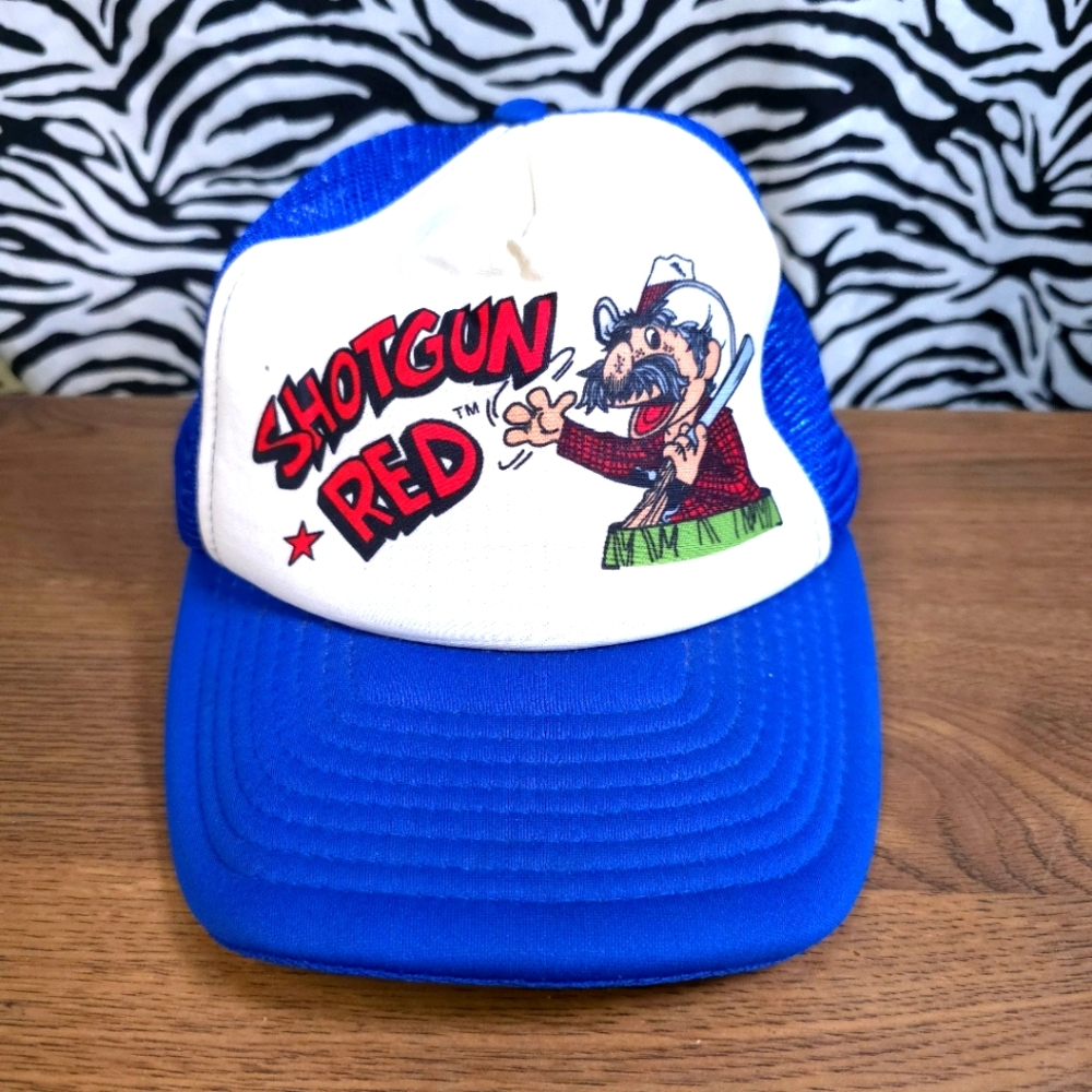 0725 Thrifted Rare Vintage Shotgun Red Blue Trucker Snapback Hat